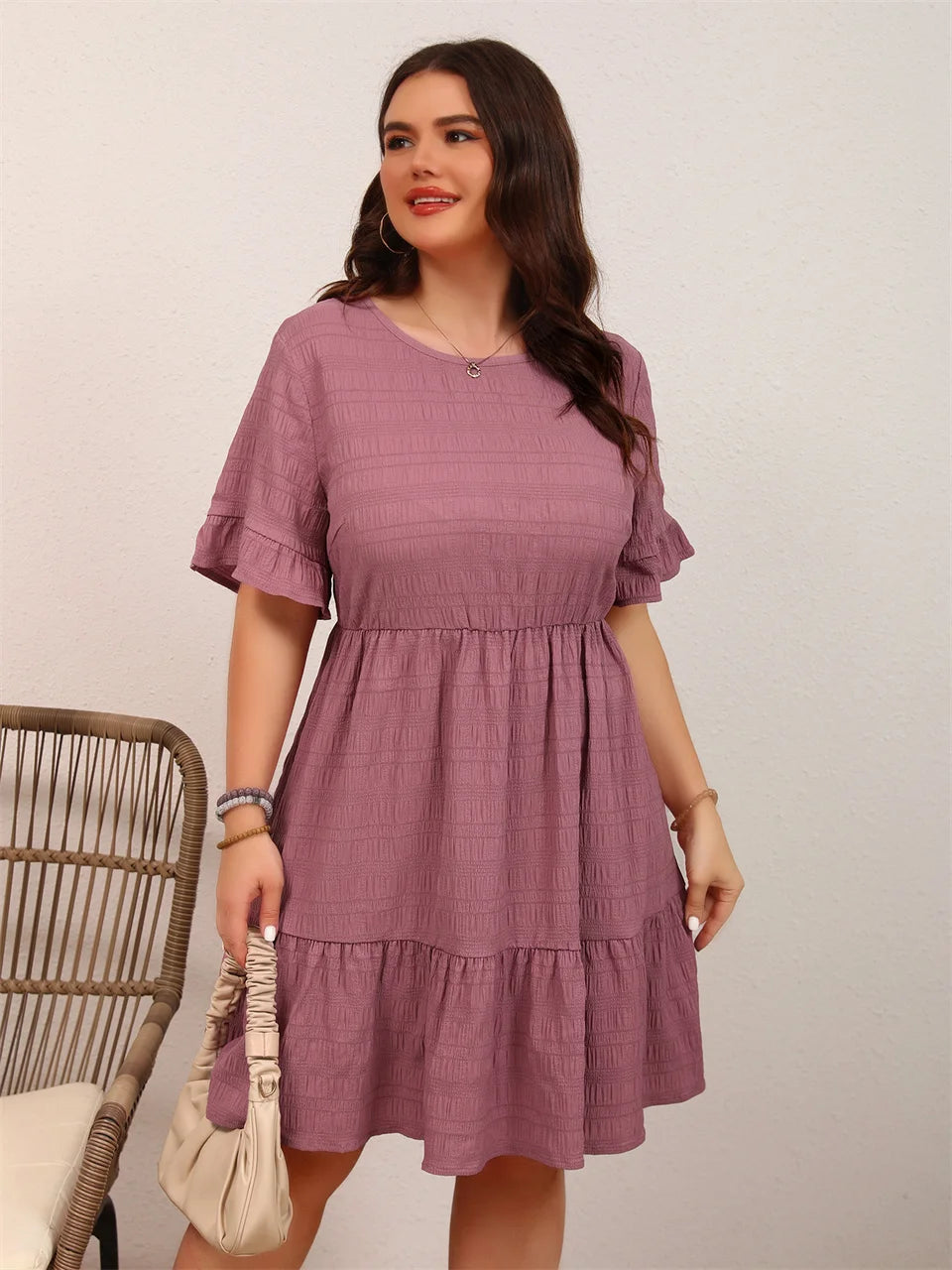 Plus Size Solid Ruffle Hem Dress- Loose A-line Elegant Short Dress