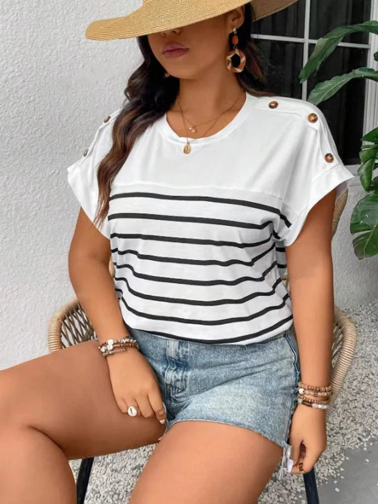 Plus Size Striped Button Detail Short Sleeve O-Neck T-Shirt