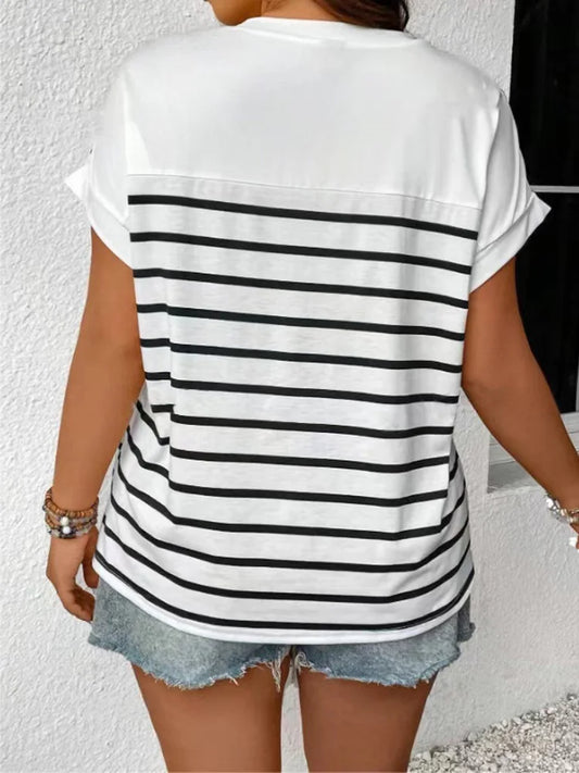 Plus Size Striped Button Detail Short Sleeve O-Neck T-Shirt