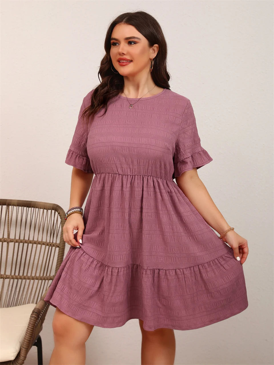 Plus Size Solid Ruffle Hem Dress- Loose A-line Elegant Short Dress